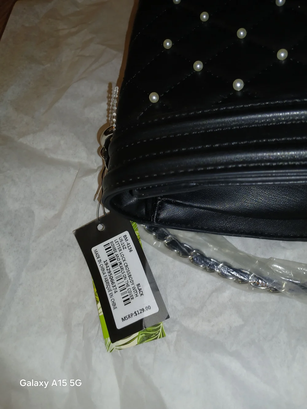 Badgley Mischka Black Quilted Crossbody w/ Pearl Handle Made With Vegan Leather
